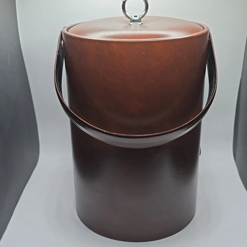 Vintage MCM Ice Bucket Brown Vinyl With Handle And Bar Tools Mid Century
